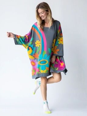 Natural Life Women's Billie Oversized Sweatshirt Tunic Boho Floral Gray OS